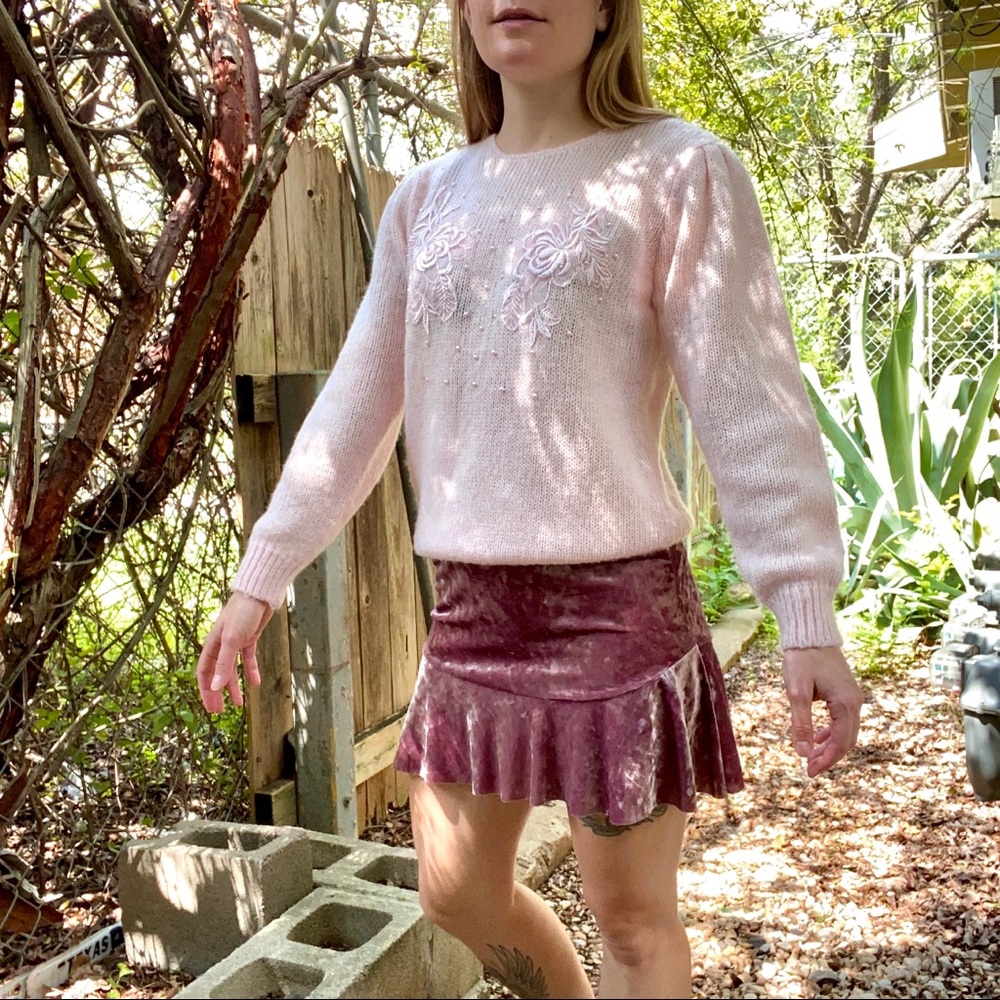 Pastel 80s Vintage Sweater with Beads and Roses